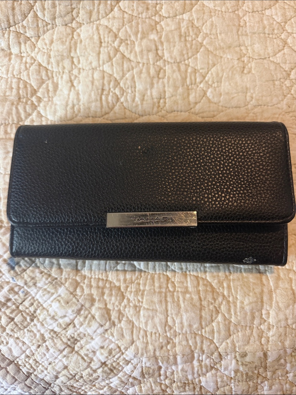 Tahari Black Pebbled Leather Wallet with Metal Logo Bar